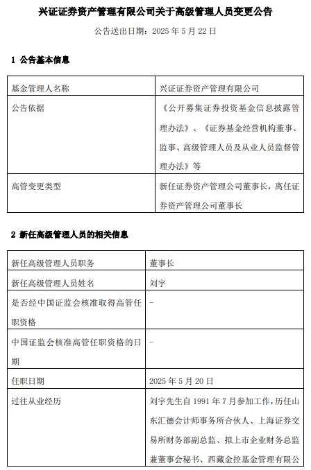 股票配资程序 兴证资管董事长孙国雄离任 刘宇接任董事长职务